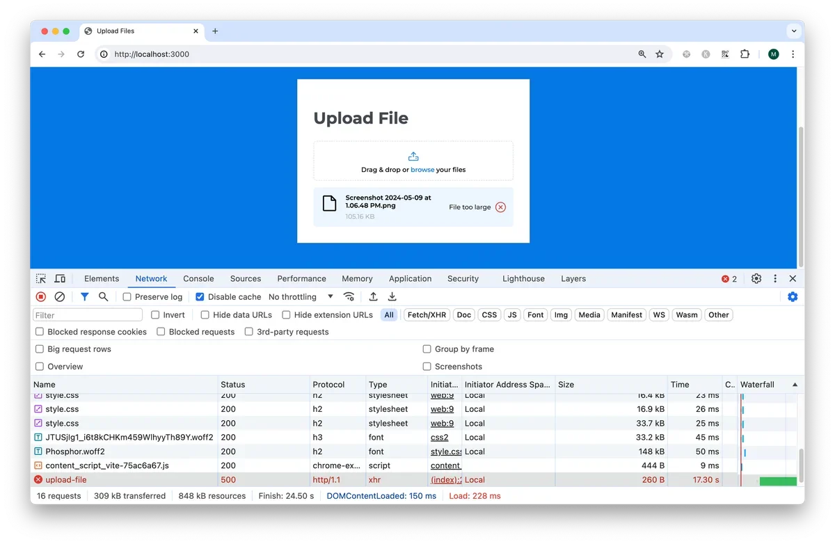 需要一张真实的开发调试场景配图,如浏览器 Network 面板结合后端日志,展示上传请求、分片状态、合并结果和异常排查。