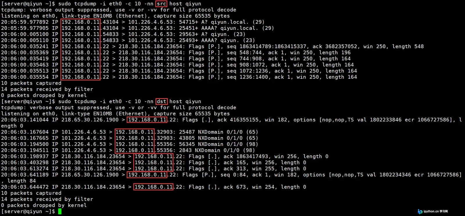 展示真实Linux终端中使用tcpdump选择网卡并执行过滤抓包的场景，体现命令、网卡、协议、IP和端口过滤条件。