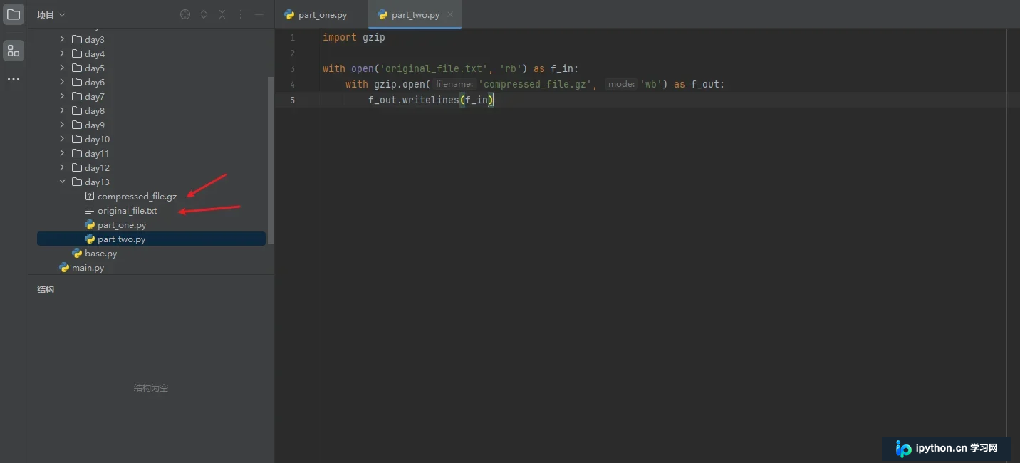 该节需要一张真实的 Python 代码编辑器配图，展示 gzip 压缩、写入和读取文件的操作场景。