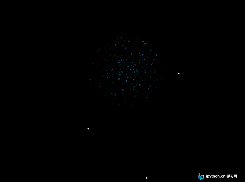 Pygame粒子烟花动态运行截图，背景为深色，多色粒子呈放射状炸开并伴随拖尾轨迹