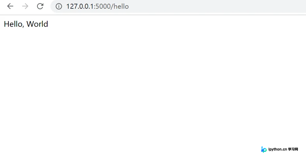 访问自定义路径 127.0.0.1:5000/hello 返回 Hello World 的浏览器截图