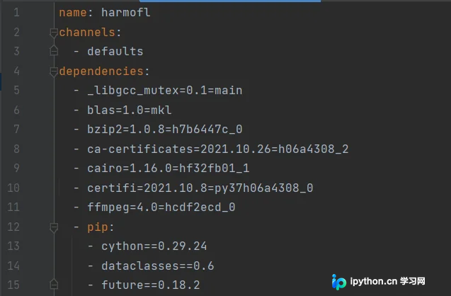 修改前 environment.yaml 文件中 dependencies 列表包含完整带等号的依赖项