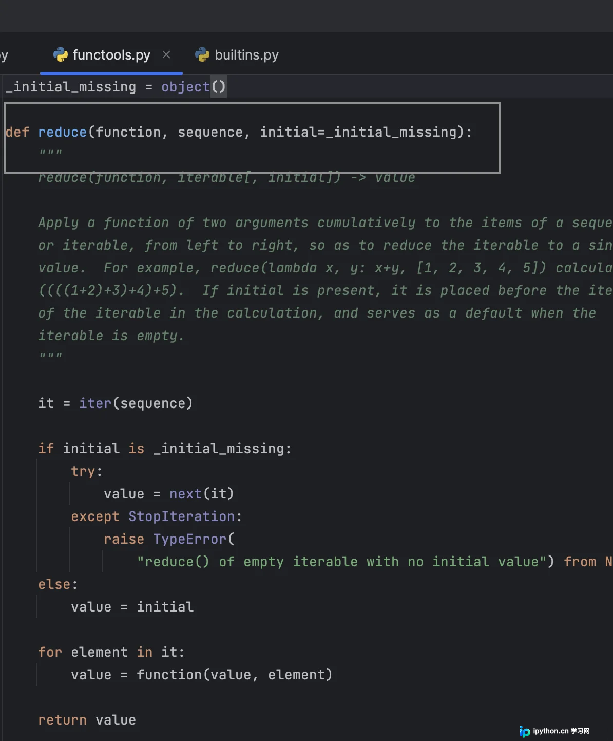 functools.reduce源码结构展示function、sequence与initial参数