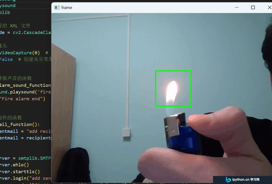 OpenCV火焰检测实时画面,绿框标识识别到的火源区域